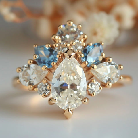 witchy engagement ring the sea witch with pear cut diamond and pear cut diamond and blue sapphire halo