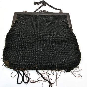 Vintage Women’s Black Beaded Purse Hand Made In Hong Kong Kiss lock Closure