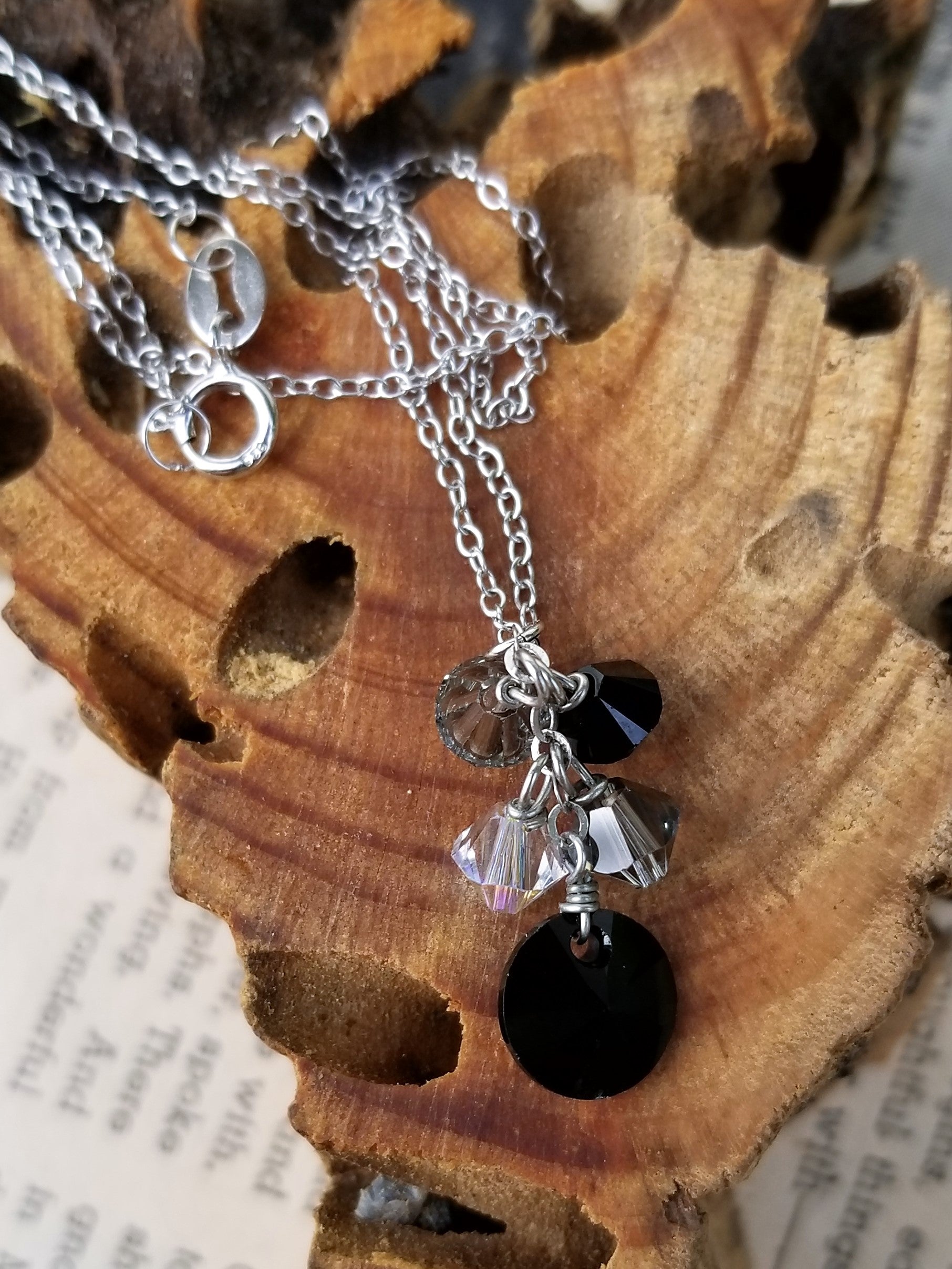 Aurora Borealis Black and white Austrian Crystal drop sterling silver necklace