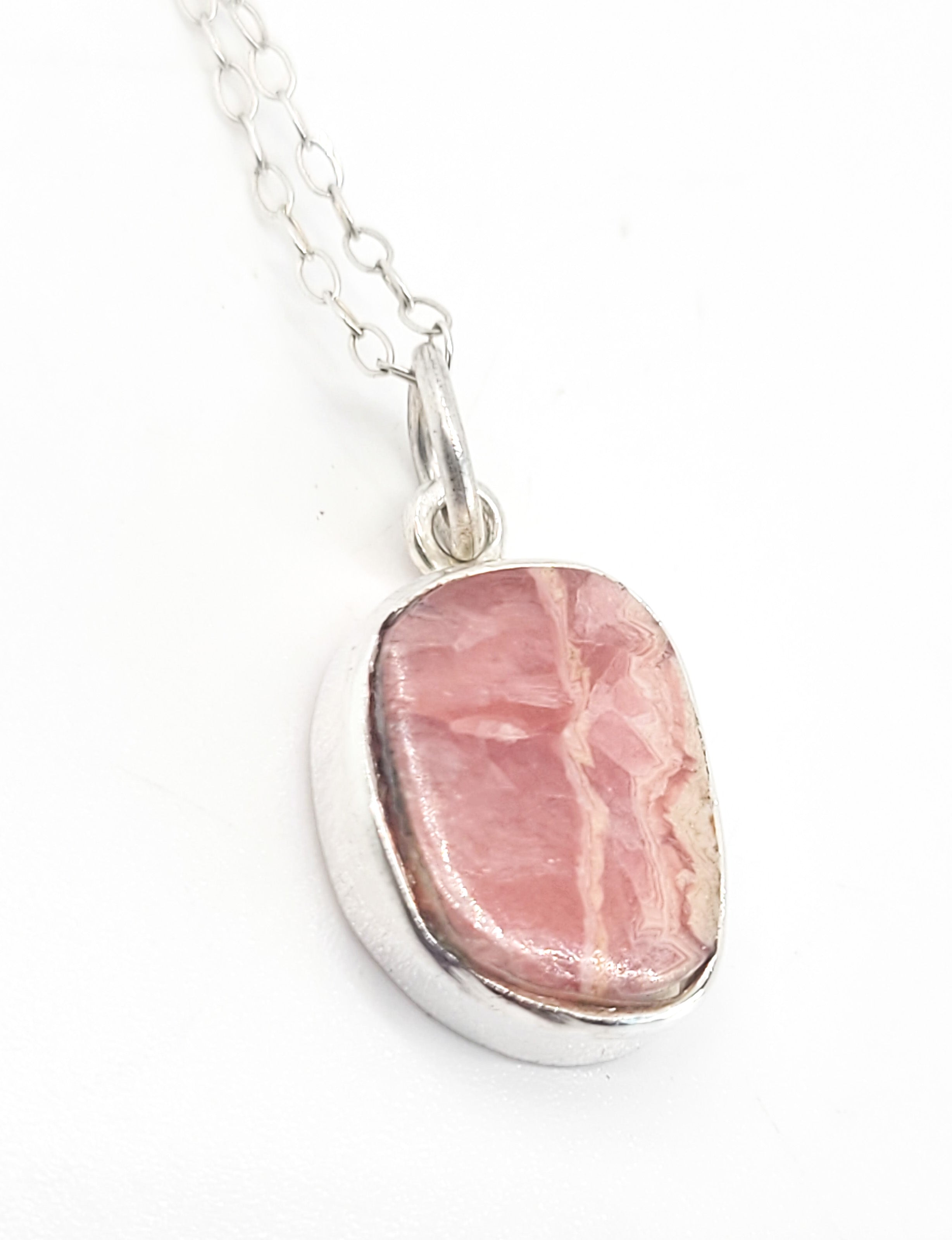 Pink Rhodochrosite banded gemstone sterling silver pendant necklace