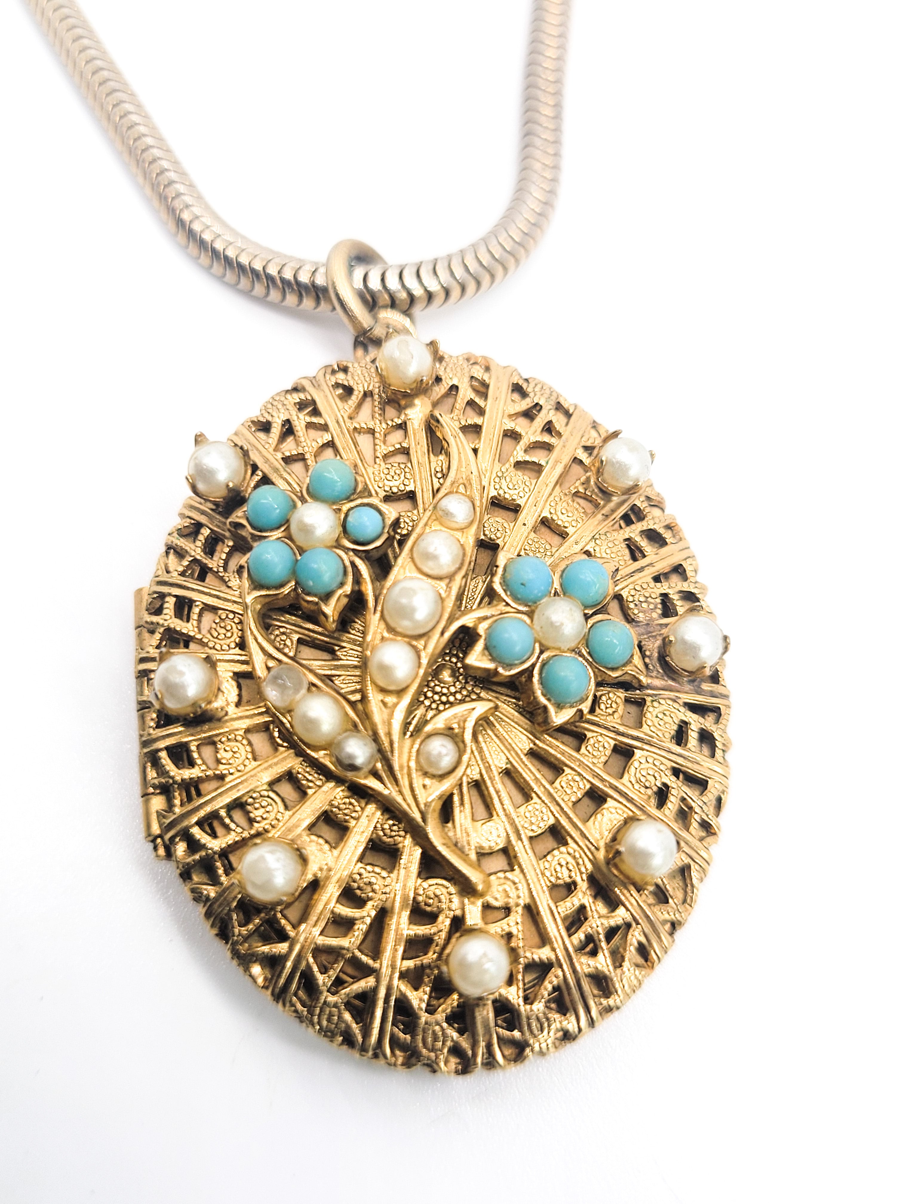 Reinad Mid century pearl and turquoise blue gold toned flower lo