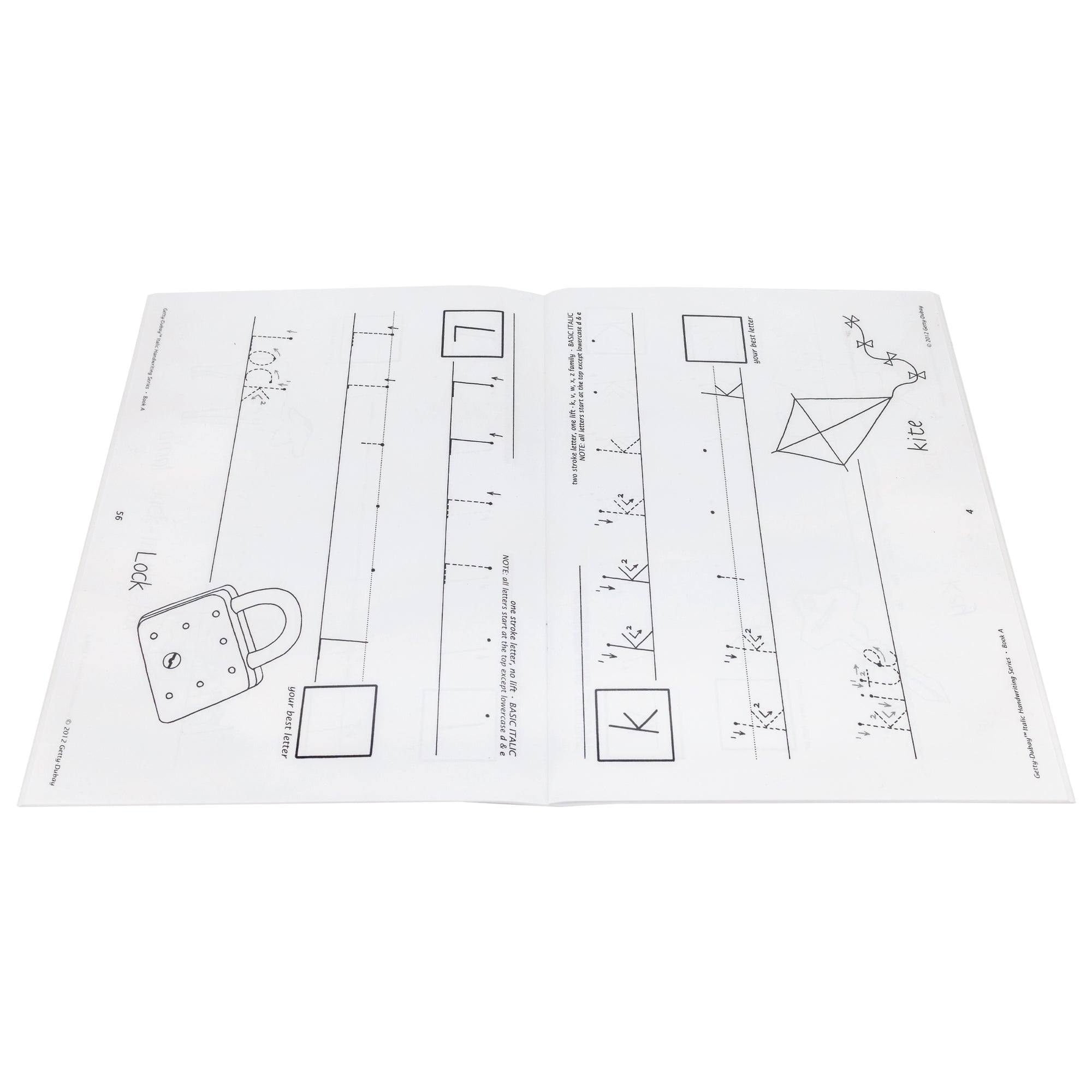 Italic Handwriting Book A sample page spread for the letters K and L with an outline image of a kit and lock.