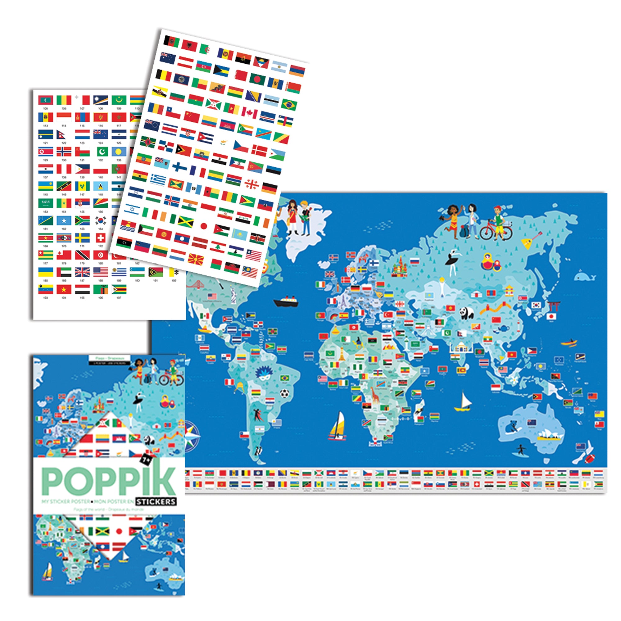 Contents of Poppik, Flags of the world map set. Completed map showing. On the left are 2 sheets of flag stickers and the packaged product below.