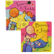 Baby Gym Books set of 2. Upper-left book , Touch & Tickle, showing a laying baby with mama's hands tickling the palm of baby's hands. The bottom-right book, Bounce & Jiggle, shows a baby on mama's lap bouncing.