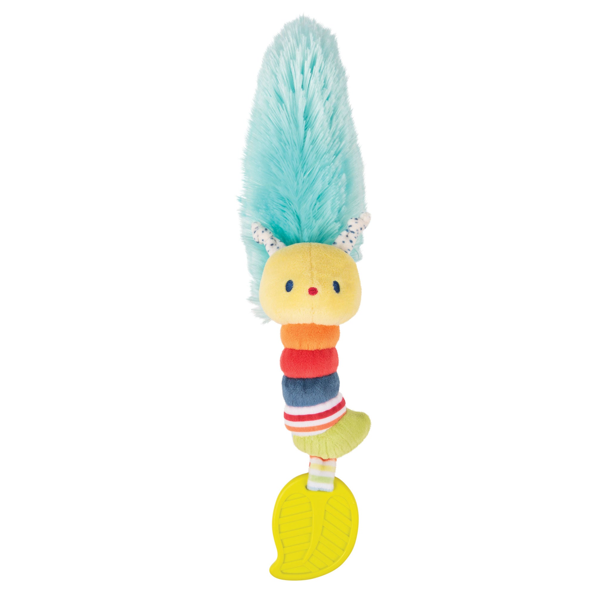 Play Together Caterpillar toy on white background. Feathery cone-shaped top. Colorful caterpillar body with polka-dot antennae. and a silicone leaf teether at the bottom.