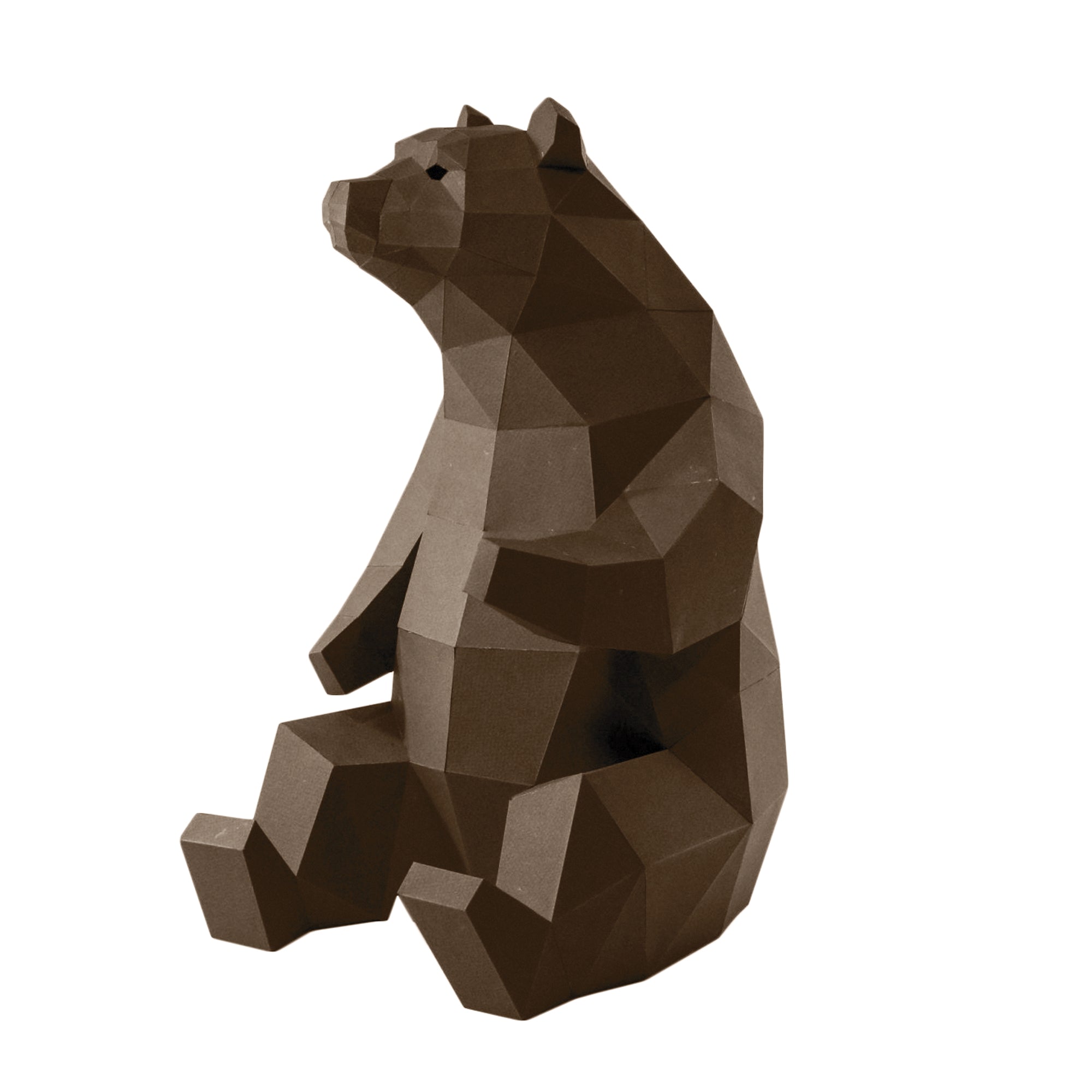 Dark brown Geometrical-shaped Papercraft bear that is folded and cut paper pieces glued together with a white background.