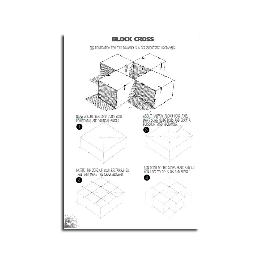Sample page of 4 large stone blocks under the title "Block Cross." The blocks are laid out in a cross pattern with the corners touching, leaving an empty space in the center. Below are 4 step-by-step instructions on how to draw the main shape.