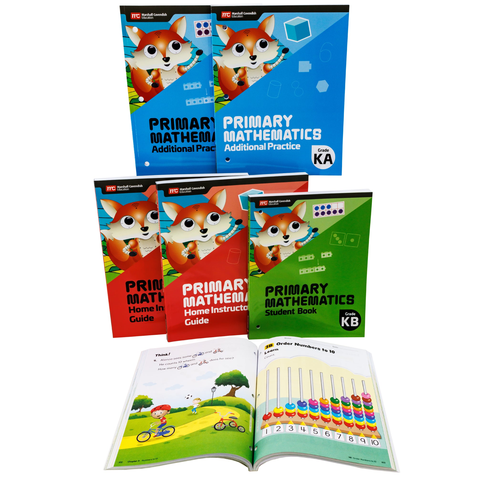 Singapore Primary Mathematics Kindergarten Set. Set of 6 books with a fox on each cover. On the top are 2 blue books. In the middle are 3 books, 2 red and 1 green. On the bottom is one open book showing a boy riding a bike on the left page, and an abacus with colored beads on the right page. 