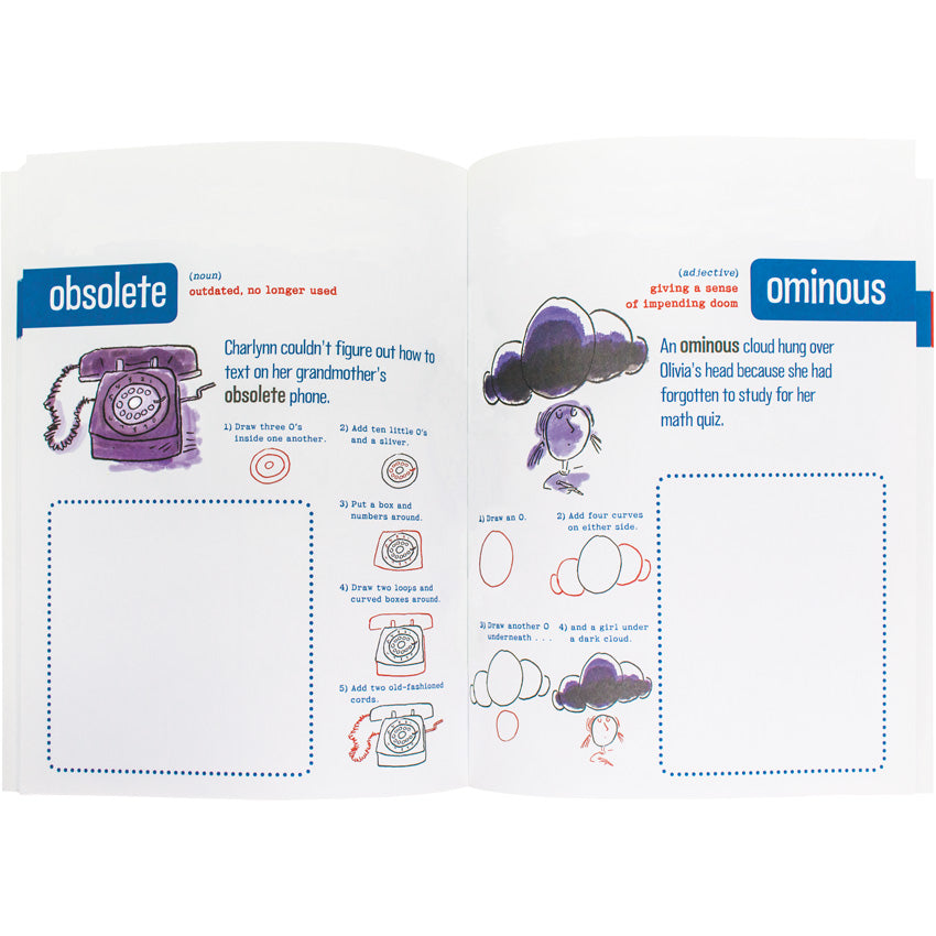 Inside the 101 Doodle Definitions book. Left page shows the word "obsolete" with a definition and drawing instructions of an old rotary dial landline phone. The right page shows the word "ominous" with a definition and drawing instructions of a dark cloud hovering above a girls head.