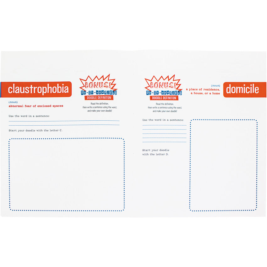 Inside the 101 Doodle Definitions book. Left page shows the word "claustrophobia" with a definition and a space to draw your own doodle. The right page shows the word "domicile" with a definition and a space to draw your own doodle.