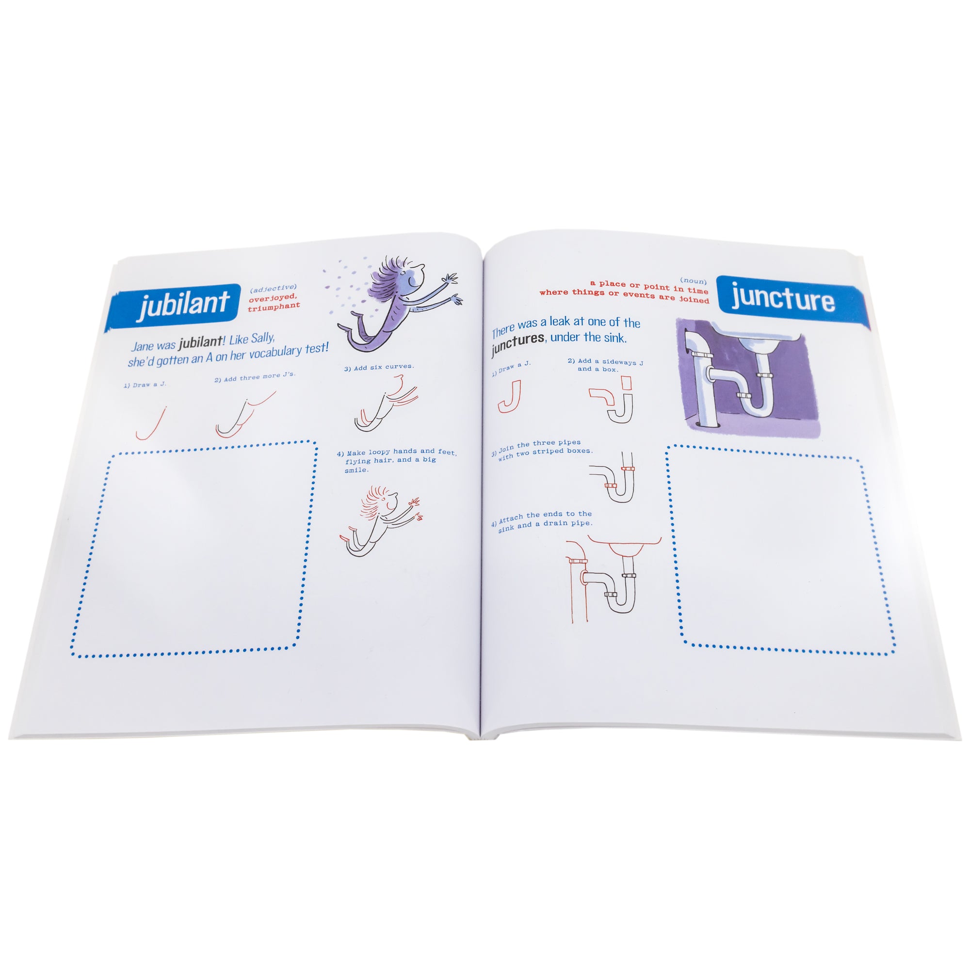 Inside the 101 Doodle Definitions book. Left page shows the word "jubilant" with a definition and drawing instructions of a child jumping in the air with confetti. The right page shows the word "juncture" with a definition and drawing instructions of a p-trap under a sink.