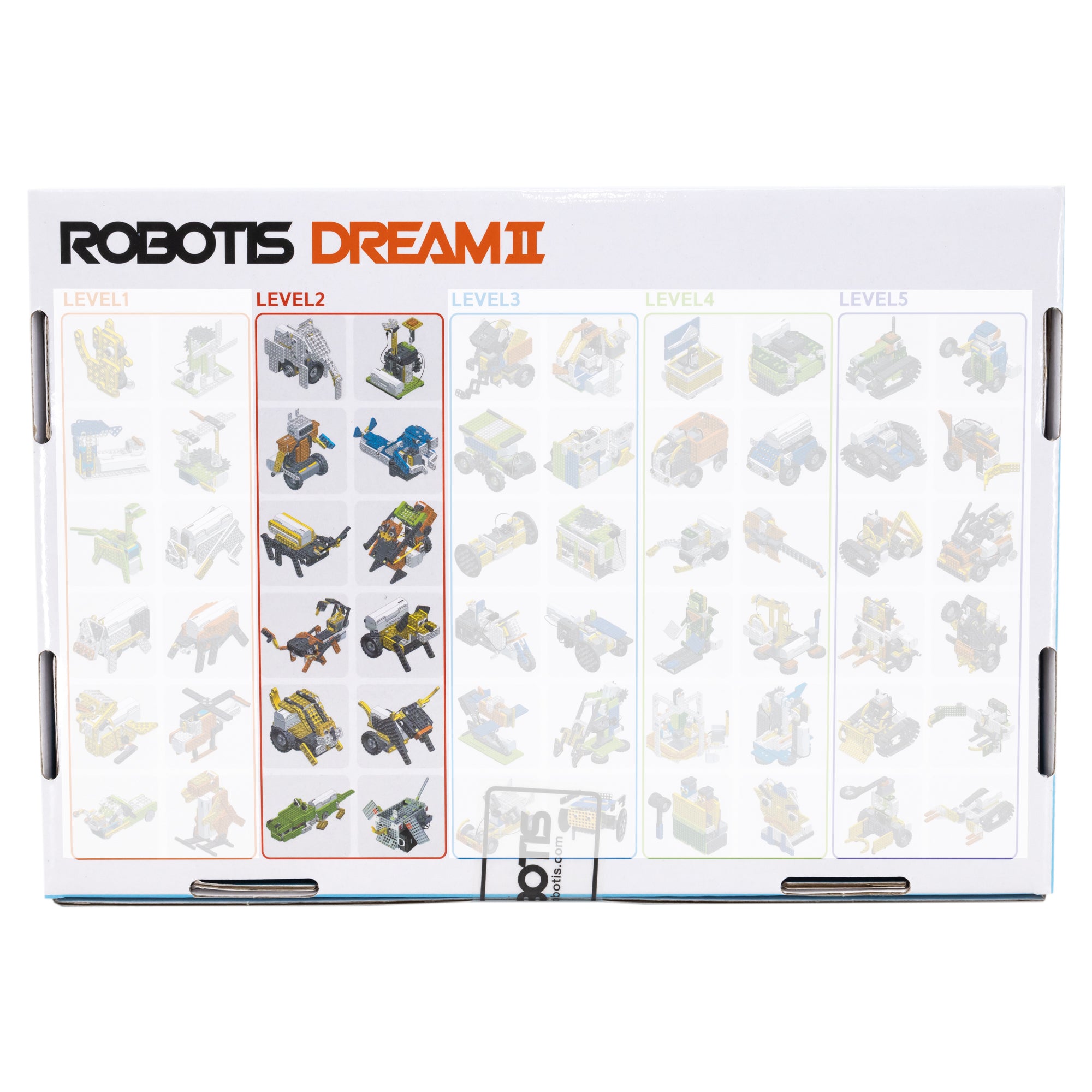 The back of the Robotis Dream 2 box. It is sectioned into 5 levels with 12 building project in each section. The build projects appear to be more advanced as you move through the levels. Level 1, 3, 4, and 5 sections are grayed out, showing that the box includes the set in the Level 2 section.