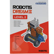 Robotis Dream 2 instructions cover. The background is half white on top, and half red on bottom with a diagonal slice between them instead of perfectly equal. There is a built robot on the cover with wheels on the bottom, and the appearance of a sword in the right hand and a shield on the left hand. Text in the bottom-left reads: 12 examples. Elephant, flower and firefly, avoider, seal, beetle, raccoon, scorpion, puppy, squirrel, buffalo, crocodile, imagine.
