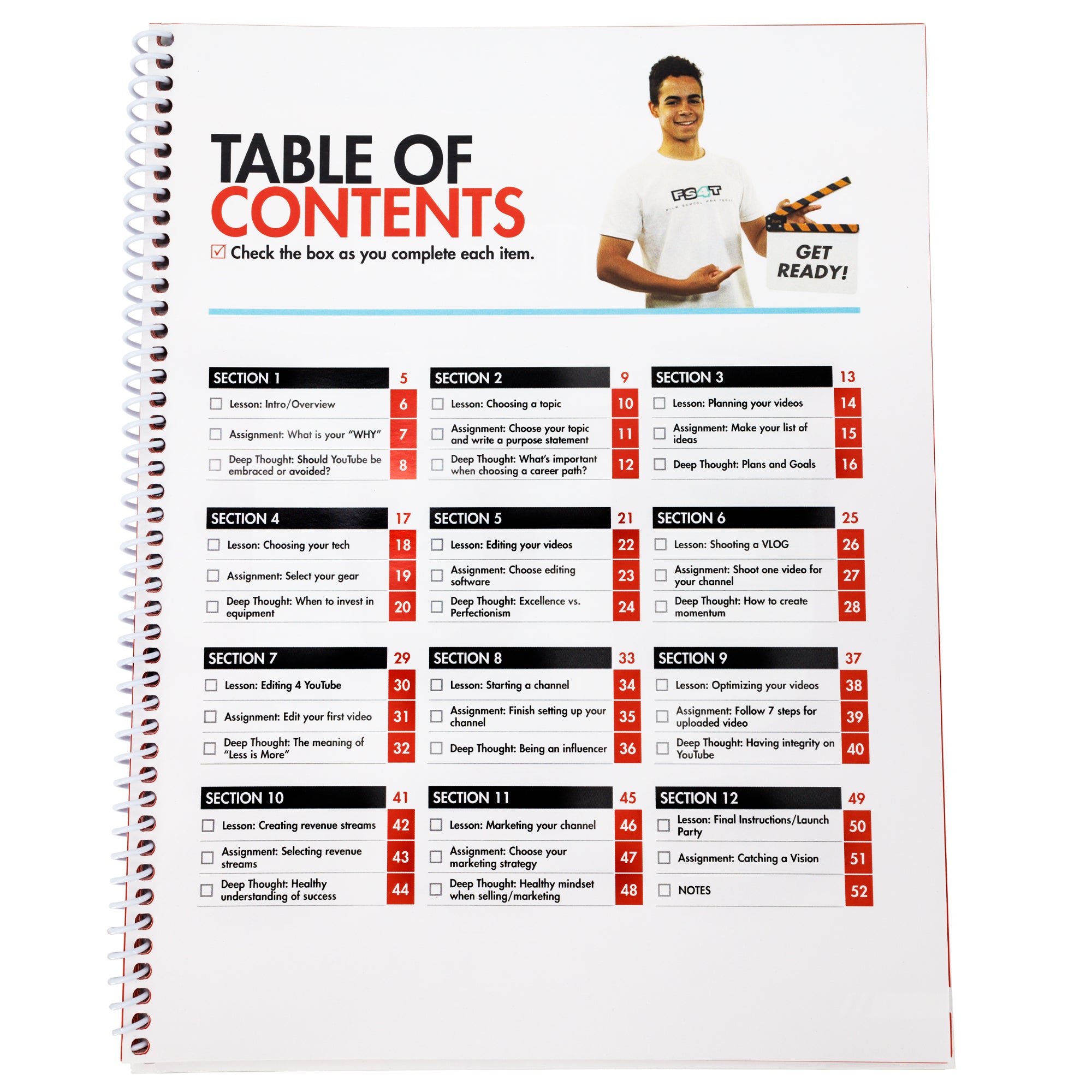 The spiral bound Intro to Filmmaking is open to show the table of contents with 12 sections and checkboxes as you go. In the top-right is a teenage boy with a clapperboard that reads "get ready."