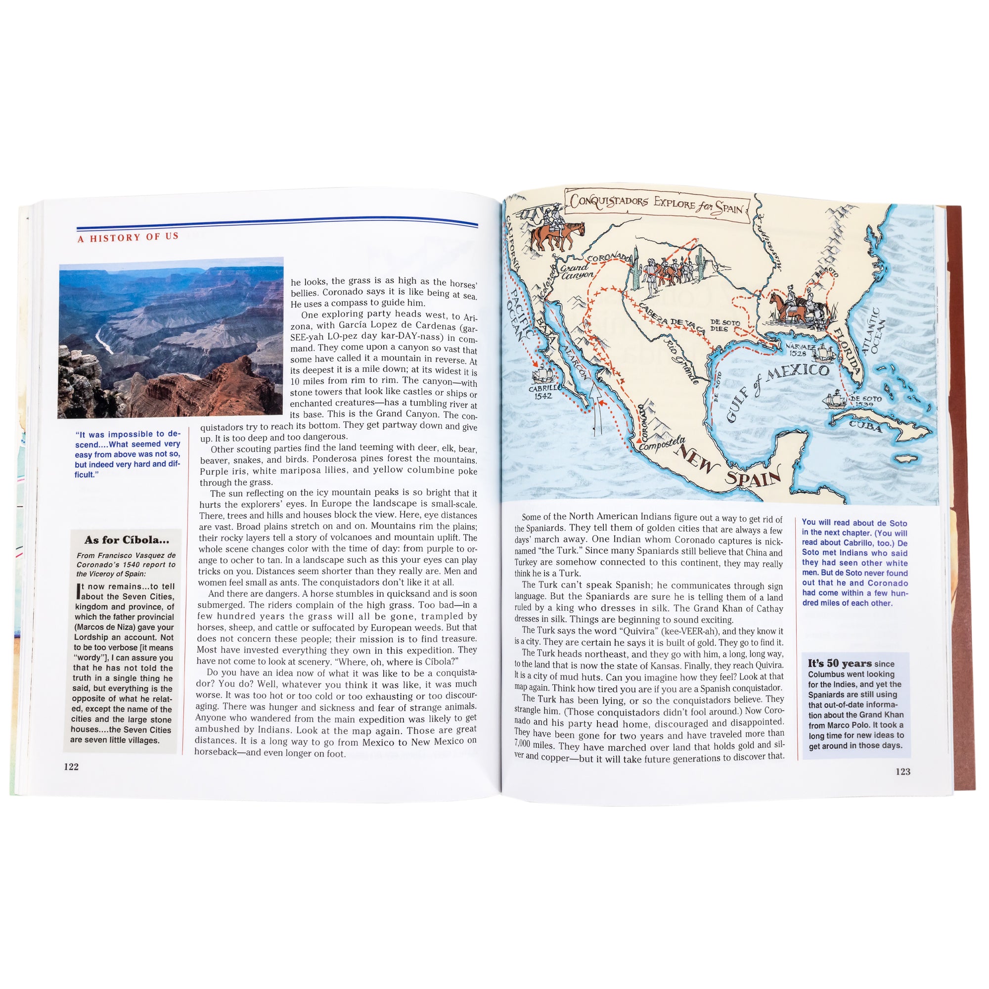 The History of the US book open to show text and images. On the left page in the upper-left corner is an image of the Grand Canyon. The top-half of the right page is a map of the USA titled "Conquistadors Explore for Spain."