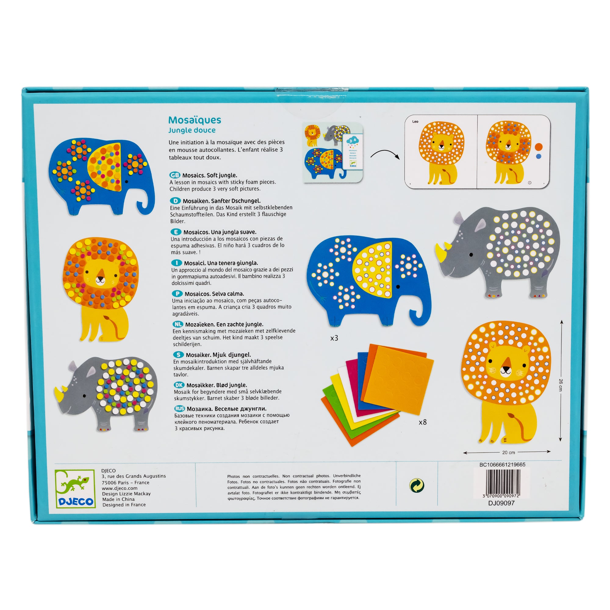 The Djeco Soft Jungle Mosaics box back. The box cover has a light blue background with a darker blue border. On the left of the box are the completed projects. From the top down is an elephant, a lion, and a rhino. All animals are covered in dot stickers, which appear to be a soft foam. To the right, at the top, it shows the instruction book open. Below it shows the 3 project shapes and 8 sticker sheets.