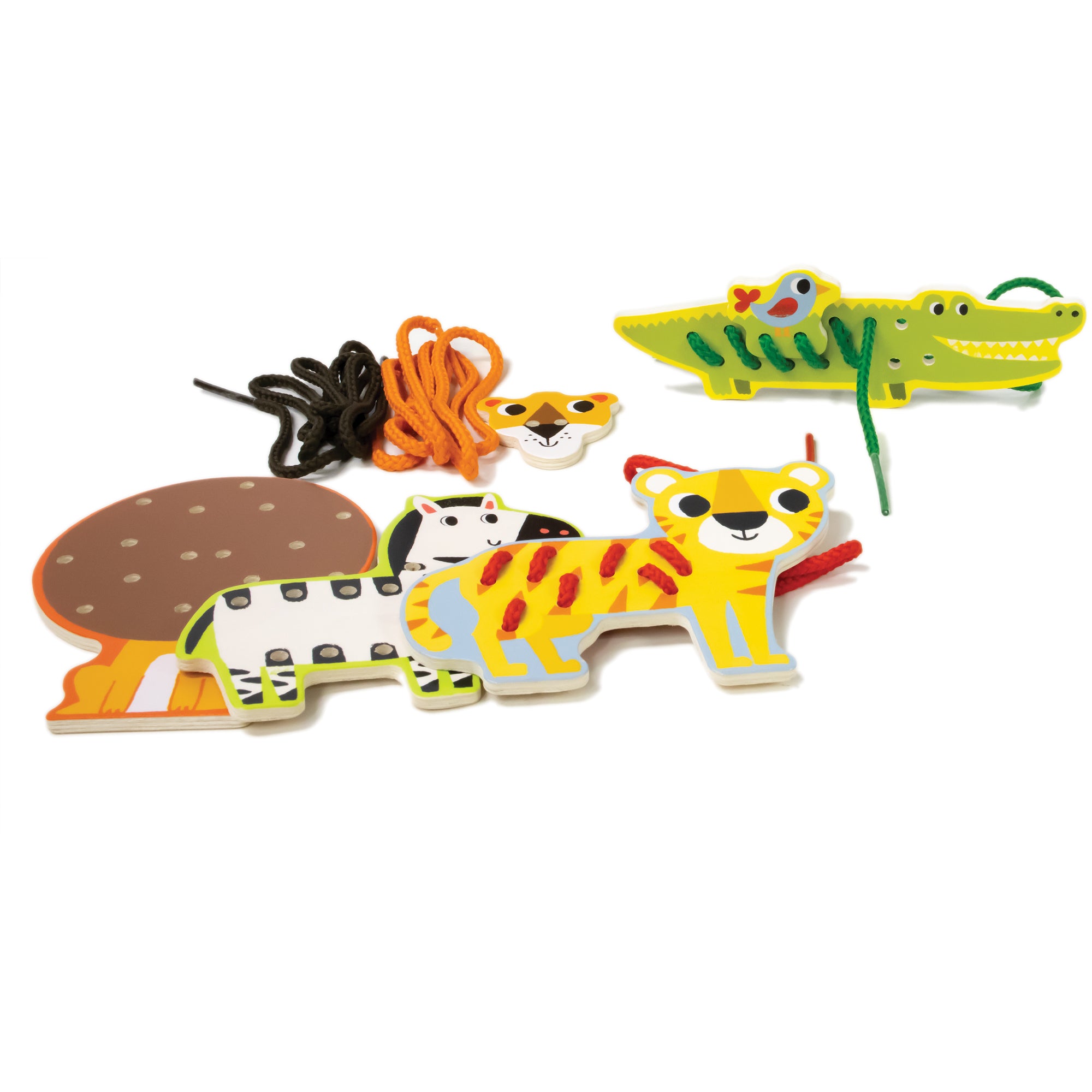 Djeco Wooden Lacing Zoo Animals contents laid out. On the bottom are the starting wood pieces for the lion, zebra, and tiger. The tiger is already laced with a red lace. Above are the black and orange laces with the face for the lion. To the right is an alligator with a bird laced to its’ back with green lacing.