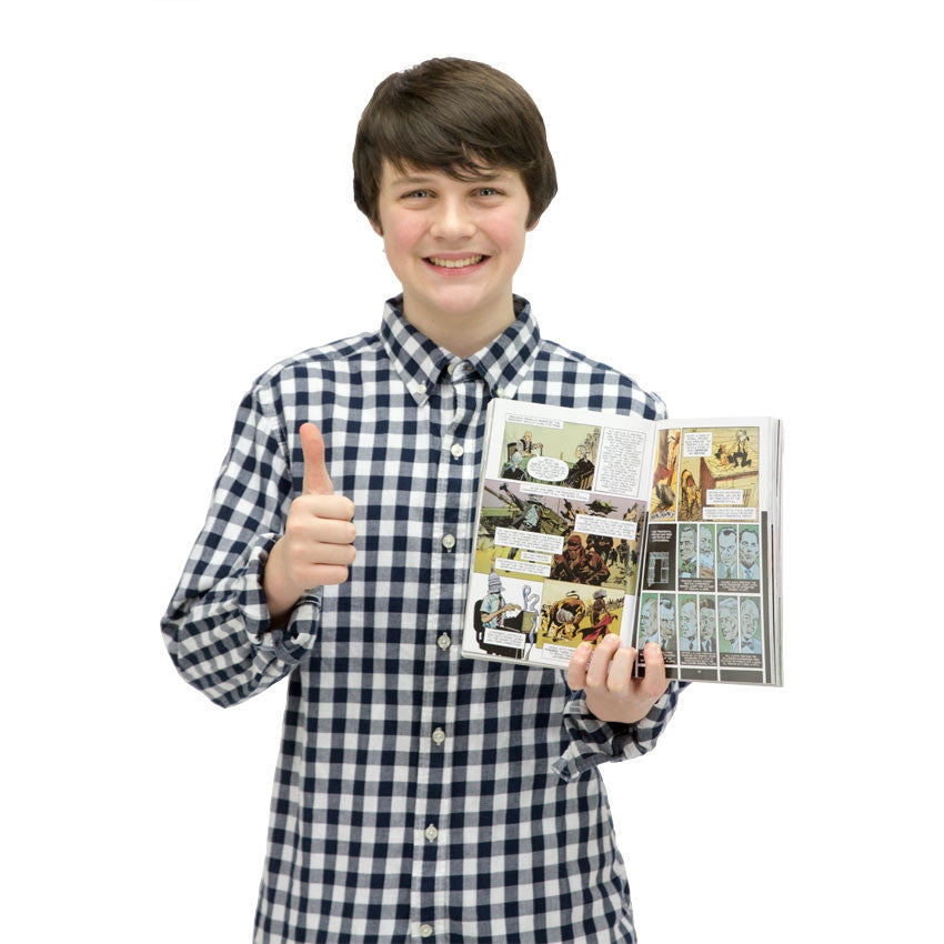 A smiling, short-haired teenager holding up The United States Constitution book open to show inside pages with his left hand and giving a thumbs up with his right hand. The layout shown in the open book is like a comic book with colored illustrations and talk bubbles.