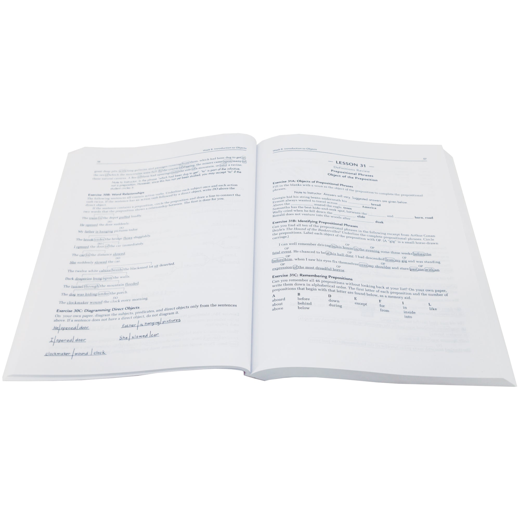 Grammar for the Well-Trained Mind book open to show the last page of lesson 30 that is focusing on Word Relationships and Diagramming Direct Objects on the left page and lesson 31 on the right that focuses on Definitions Review, Prepositional Phrases, and Objects of the Preposition.