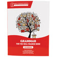 Grammar for the Well-Trained Mind red book cover. The cover has a white top and a red bottom with a wave shape between the 2 colors. There is an illustration in the white section of a tree with books for leaves and a stack of books near the trunk. In the red section at the bottom is white text, including the title and “Red Workbook.”