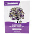 Grammar for the Well-Trained Mind purple book cover. The cover has a white top and a purple bottom with a wave shape between the 2 colors. There is an illustration in the white section of a tree with books for leaves and a stack of books near the trunk. In the purple section at the bottom is purple text with the title and text reading “Purple Workbook.”