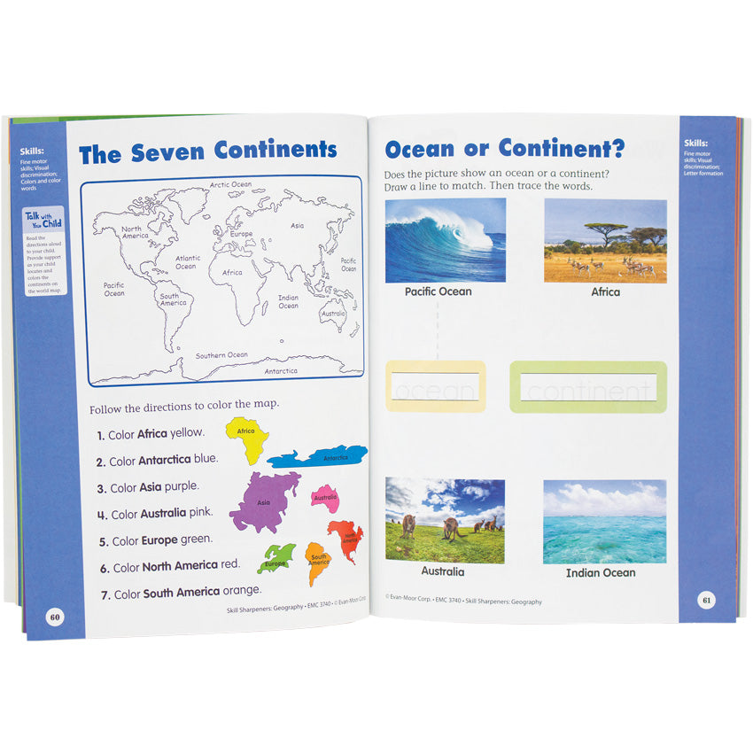 Skill Sharpeners Geography Grade K book open to show inside pages. The pages are white with a blue border on the outside edge. The left page has the title “The Seven Continents” at the top and a black and white world map below. Below the map are 7 colored continents that indicate what to color them on the map. The right page has the title “Ocean or Continent?” at the top and shows 4 landscape photos to identify.