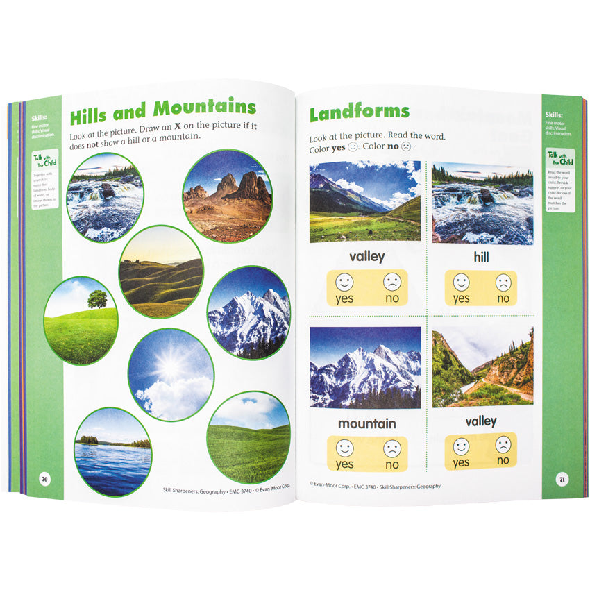 Skill Sharpeners Geography Grade K book open to show inside pages. The pages are white with a green border on the outside edge. The left page has the title “Hills and Mountains” at the top and shows many circle-shaped landscape photos to identify. The right page has the title “Landforms” at the top and shows 4 landscape photos to identify.