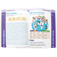 Skill Sharpeners Geography Grade 3 book open to show inside pages. The pages are white with purple borders on the top and outside edges with titles inside the borders reading “Human Systems, Vocabulary Practice, Human Systems, and Hands-on Activity.” The left page, titled “Many Languages,” has a word list with a word search below. The right page, titled “Hello Around the World,” shows an illustration of children all over the globe saying hello in their languages.