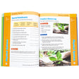 Skill Sharpeners Geography Grade 4 book open to show inside pages. The pages are white with orange borders on the top and outside edges with titles inside the borders reading “Physical Systems, Vocabulary Practice,” and “Hands-on Activity.” The left page, titled “Special Rainforests,” has a word list with fill-in-the-blanks below. The right page, titled “Create a Nurse Log,” shows images of an old log being used to grow a new plant and instructions on how to plant seed in an old log.