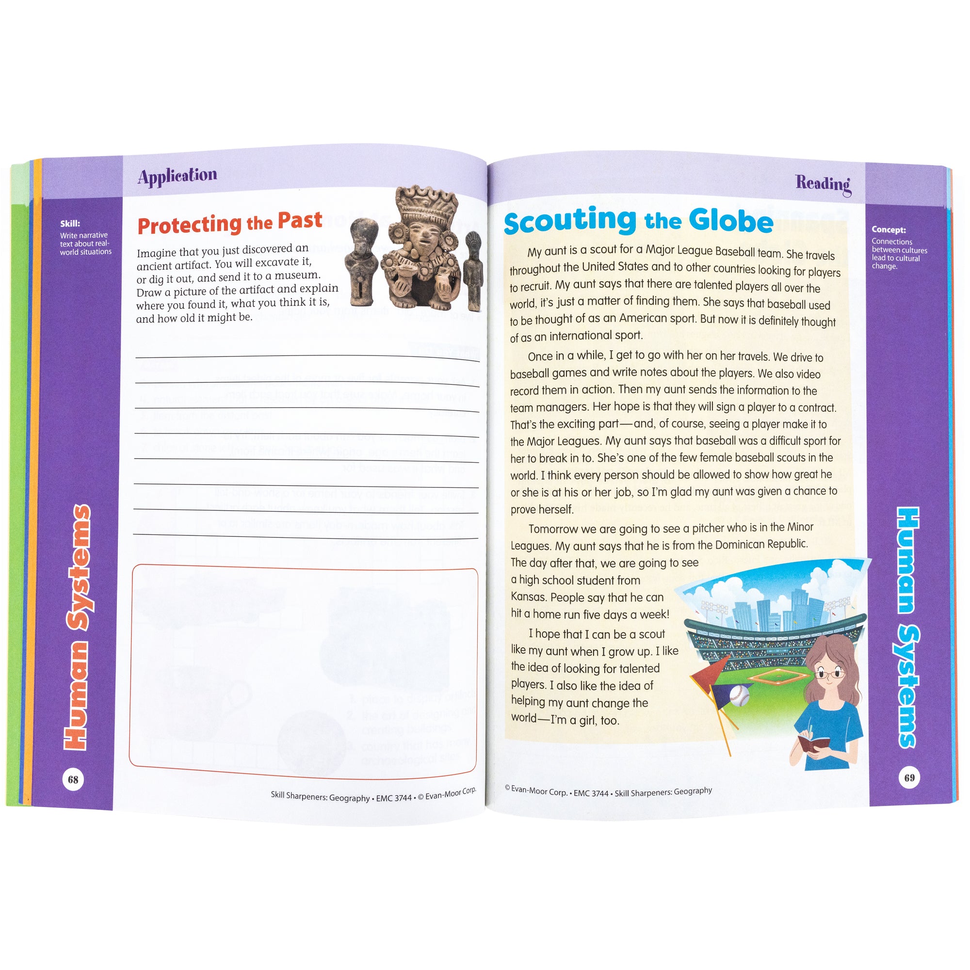 Skill Sharpeners Geography Grade 4 book open to show inside pages. The pages are white with purple borders on the top and outside edges with titles inside the borders reading “Human Systems, Application,” and “Reading.” The left page, titled “Protecting the Past,” has an image of ancient statues, lines to write about an artifact, and a box to draw an artifact. The right page, titled “Scouting the Globe,” shows an illustration of a woman writing in a notebook inside a baseball stadium and a story about it.