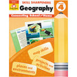 Skill Sharpeners Geography Grade 4 book. The background is mainly orange with a white top containing the title. In the middle are 2 sample pages from the book, titled “Reading” and “Visual Literacy.” Over the top of the pages, is a rounded orange shape with rectangular shaped boxes and the following text inside; map skills, projects & activities, and places & environments. To the right is a huge pencil illustration, standing from bottom to top.