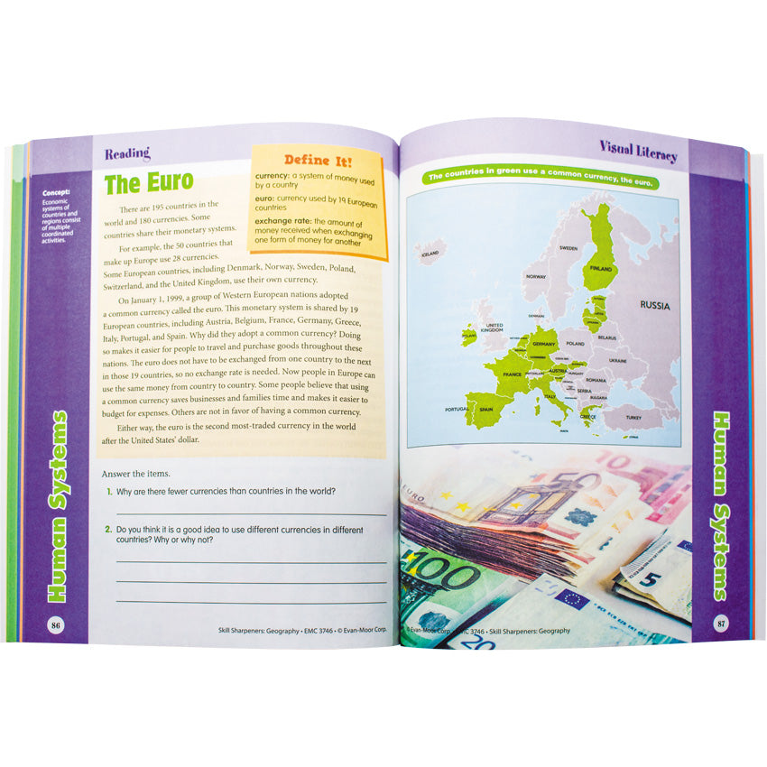 Skill Sharpeners Geography Grade 6 book open to show inside pages. The pages are white with purple borders on the top and outside edges with titles inside the borders reading “Human Systems, Reading,” and “Visual Literacy.” The left page, titled “The Euro,” has information about European currency with a Q & A below. The right page shows a map of Europe and stacks of Euro bills below.