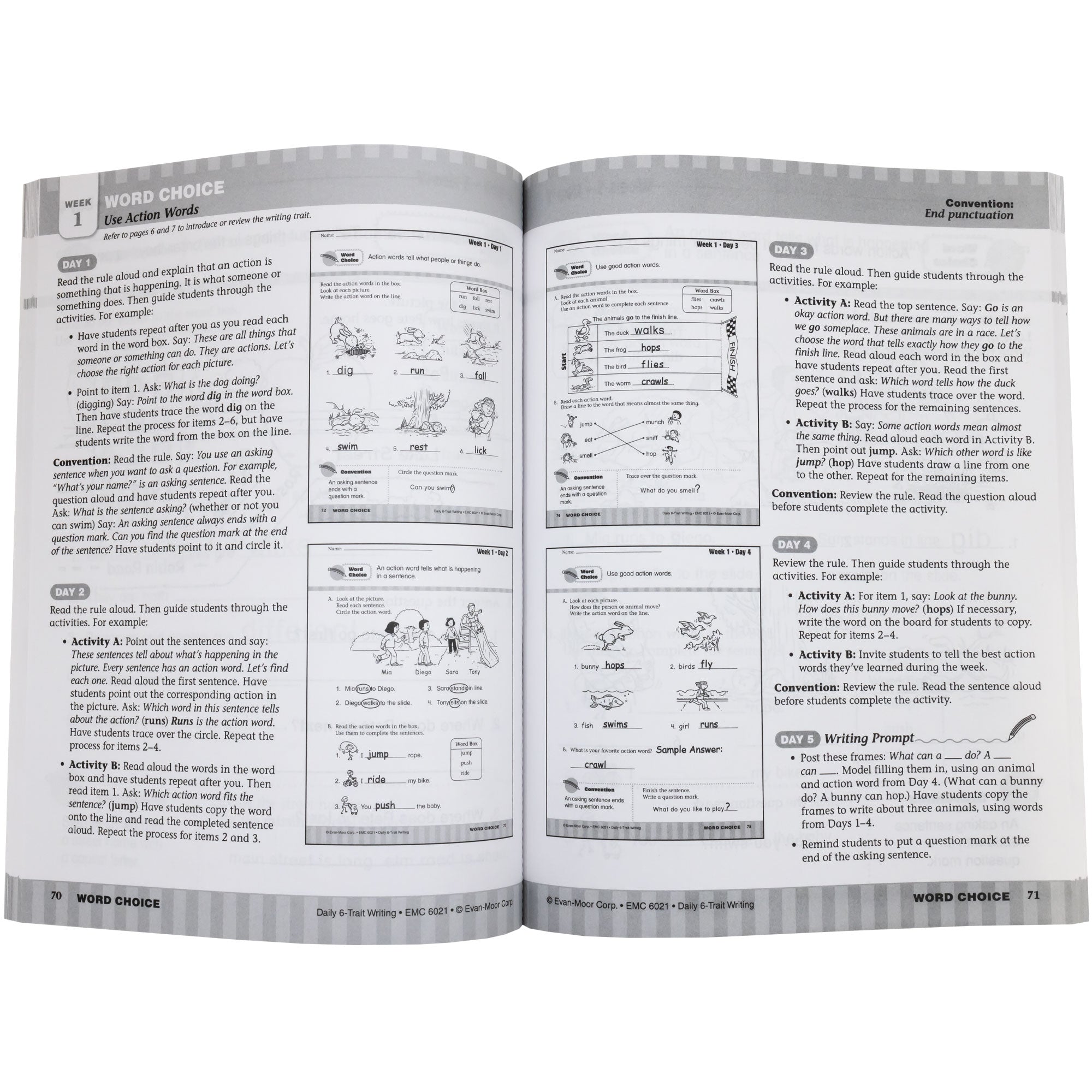 Daily 6 Trait Writing Grade 1 book open to show solutions pages. Each page has 2 images of a workbook page in the book and has paragraphs of text to the side of each page image giving the solutions of each lesson.