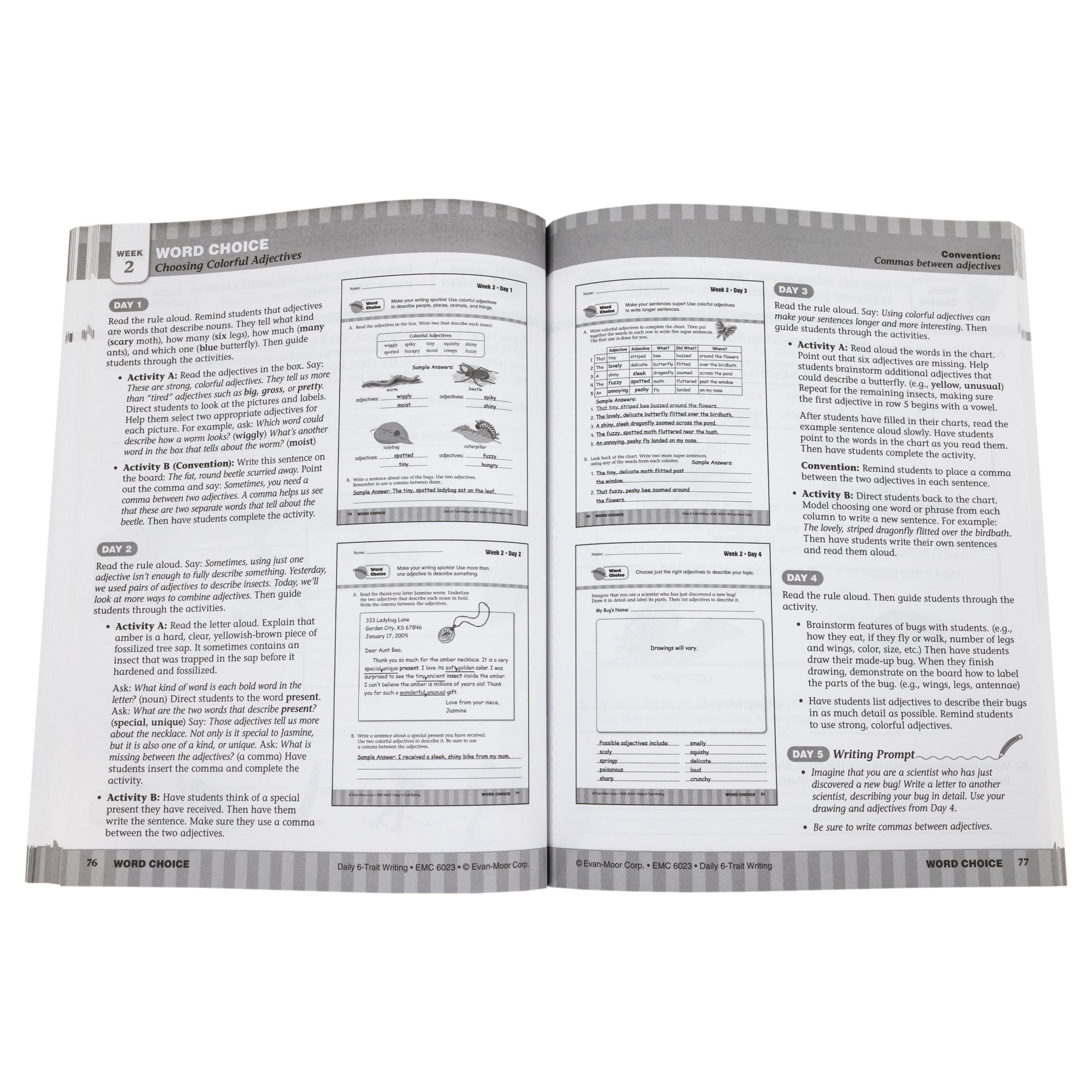 Daily 6 Trait Writing Grade 3 book open to show solutions pages. Each page has 2 images of a workbook page in the book and has paragraphs of text to the side of each page image giving the solutions of each lesson.