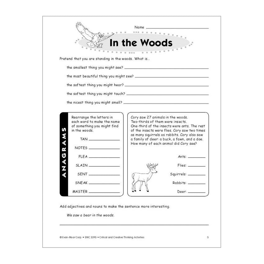 Critical & Creative Thinking book 5 sample page. There is an owl illustration at the top next to the title “In the Woods.” The page has forest themed activities, including; observation, anagrams, and a story problem.