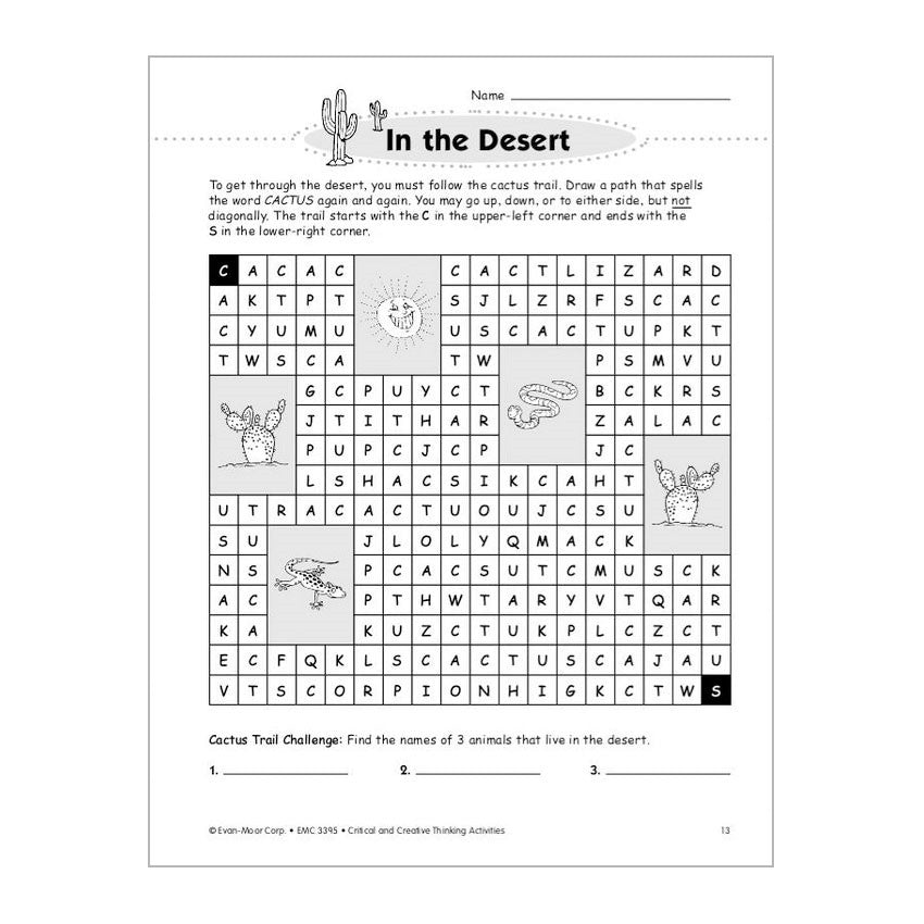 Critical & Creative Thinking book 5 sample page. There is an illustration of cacti at the top next to the title “In the Desert.” There is a large grid with letters and desert themed illustrations throughout. You are directed to get through the grid maze by continually spelling out the word cactus.