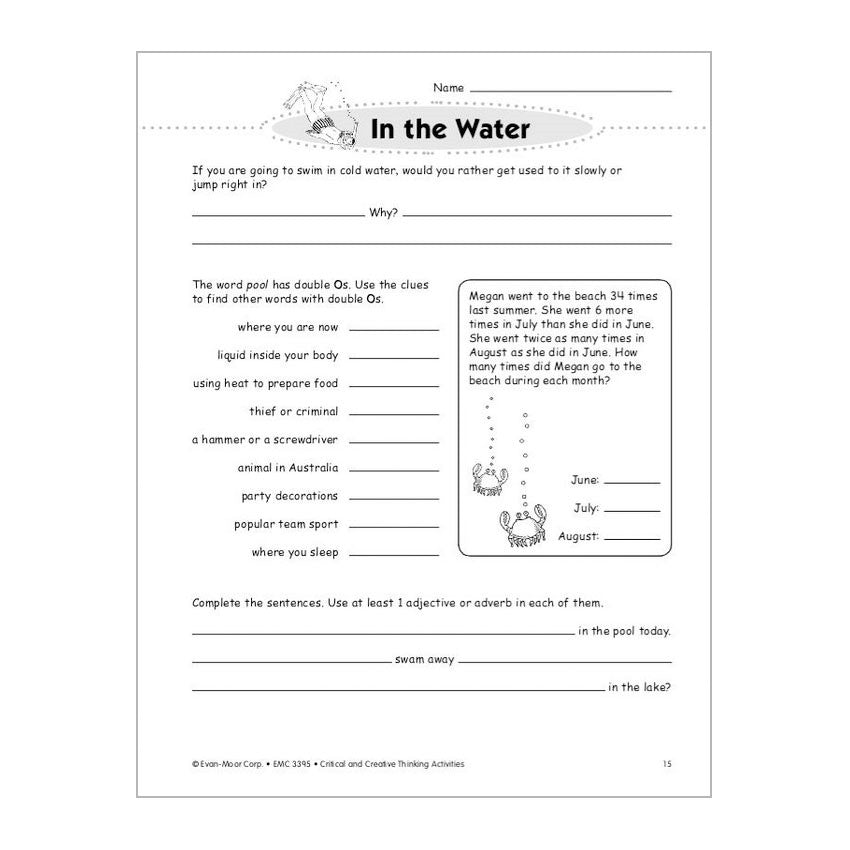 Critical & Creative Thinking book 5 sample page. There is an illustration of a scuba diver at the top next to the title “In the Water.” Below are questions with fill-ins, a story problem, and a list of clues to find words with a double O in them.