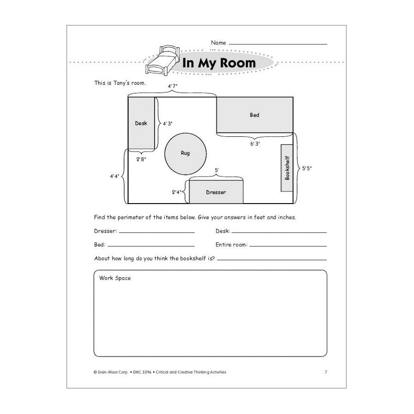 Critical & Creative Thinking book 6 sample page. There is an illustration of  a bed at the top next to the title “In My Room.” Below  is a layout of a bedroom with a bed, bookshelf, dresser, rug, and desk with measurements on it. You are directed to find the perimeter of the room and items in it.