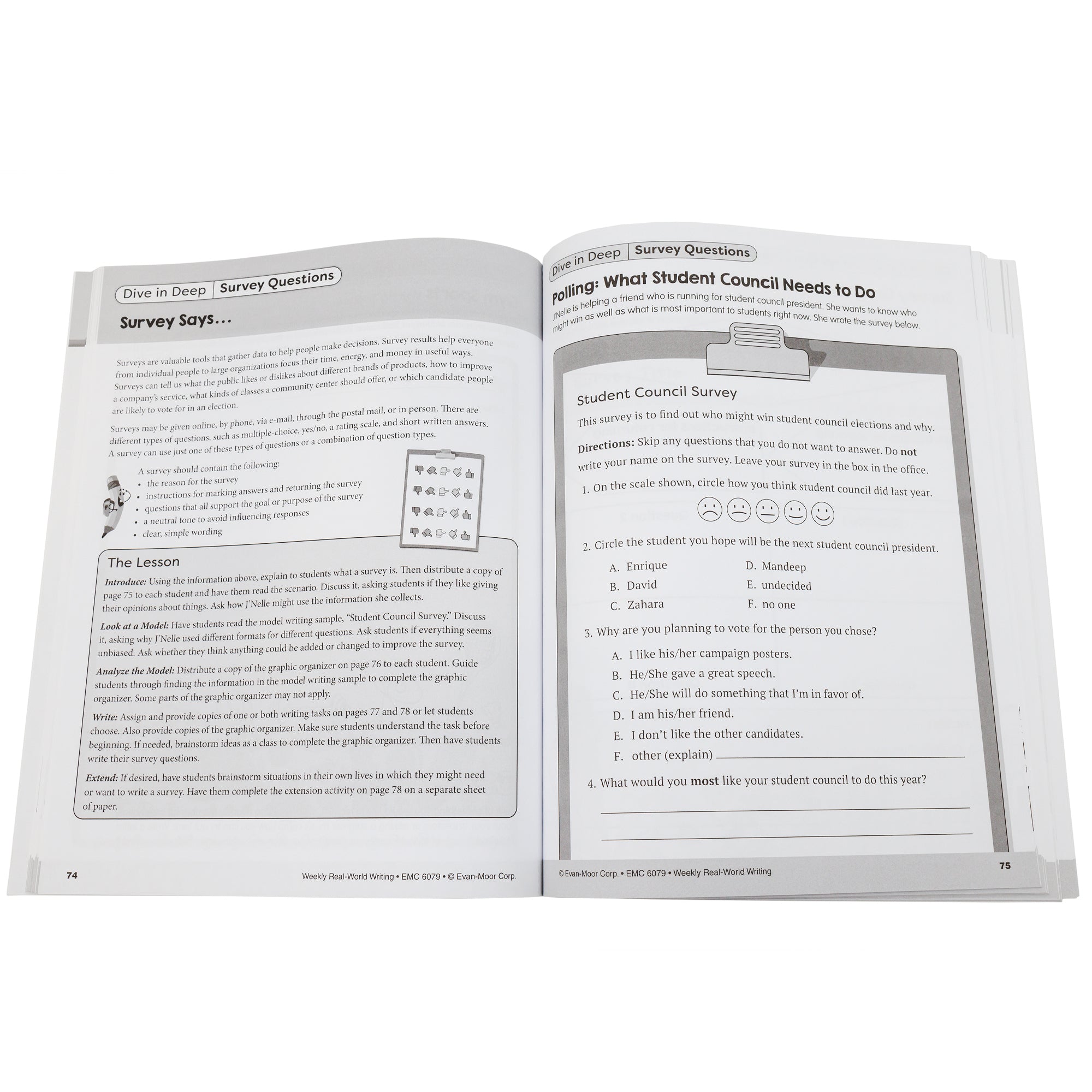 Real World Writing, Grades 5 to 6, open to show inside pages. The left page is about survey questions. The Lesson includes the following categories; Introduce, Look at a Model, Analyze the Model, Write, and Extend. The right page shows. The right page is titled “Polling: What Student Council Needs to Do” and shows a survey attached to a clipboard.