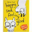 Happy, Sad, Feeling Glad book. The cover is yellow with a black and white cat and dog doodle. The dog is hanging from the top-right of the book with his hands up, smiling, and looking at the cat in the bottom-left who is crossing his arms, looking down and appearing sad.