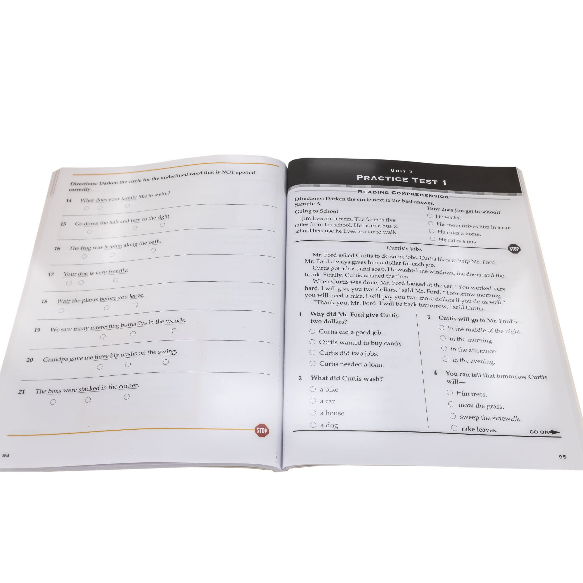 Test Prep Grade 2 book open to show inside pages. The left page has 8 sentence questions with words in the sentence underlined. You are instructed to mark the underlined word that is misspelled. The right page, titled “Unit 7, Practice Test 1,” has 1 story with 1 multiple choice question about it and another story with 4 multiple choice questions about it.