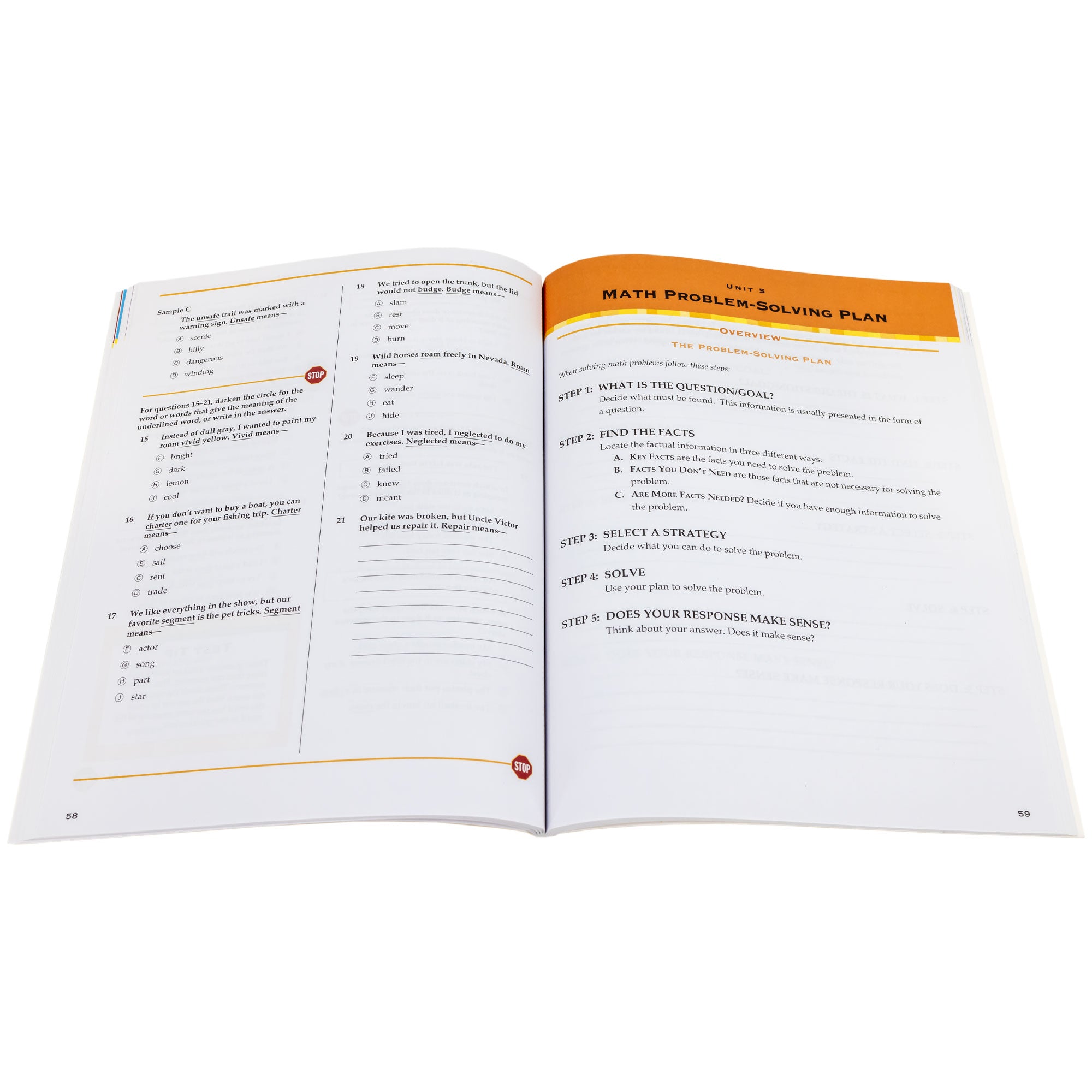 Test Prep Grade 3 book open to show inside pages. The left page has a sample question at the top. There are 6 multiple choice questions and 1 sentence question. The right page, titled “Unit 5, Math Problem-Solving Plan,” has an overview of the steps of solving a problem.