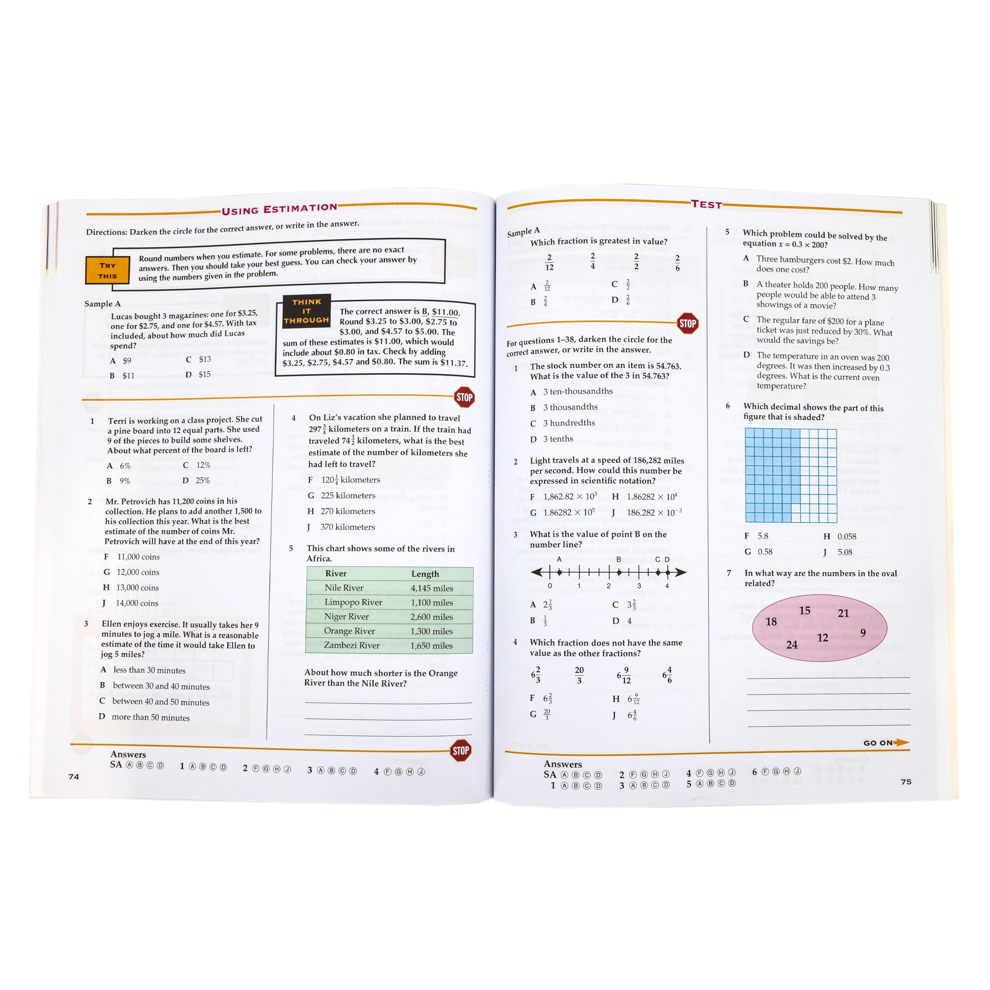 Test Prep Grade 7 book open to show inside pages. The left page, titled “Using Estimation,” has a sample question at the top, 4 multiple choice questions, and 1 sentence question, and a river length chart. The right page, titled “Test,” has a sample question at the top, 6 multiple choice questions, and 1 sentence question, a number line, a grid figure, and a number relation oval.