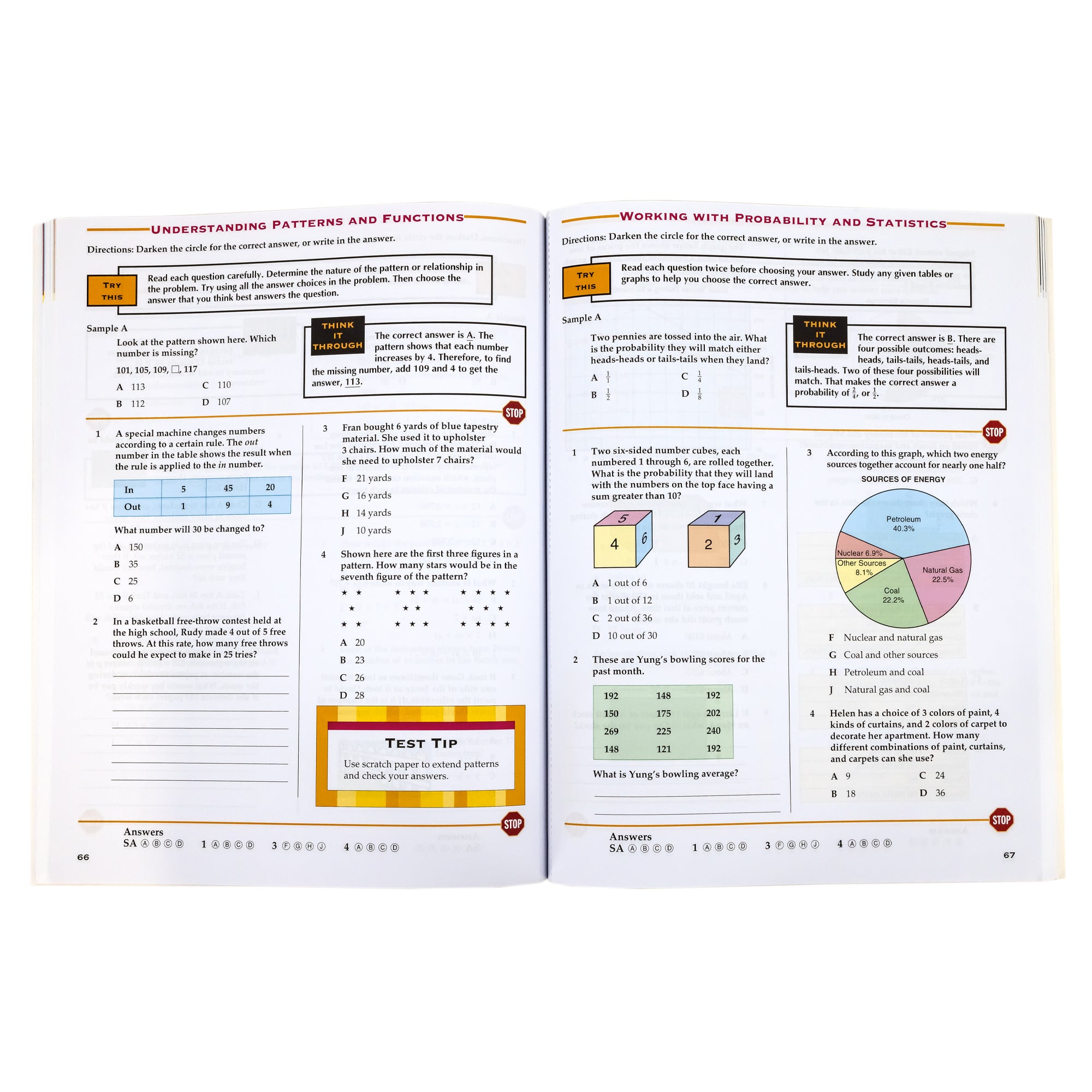 Test Prep Grade 7 book open to show inside pages. The left page, titled “Understanding Patterns and Functions,” has a sample question at the top, 3 multiple choice questions, and 1 sentence question, and a river length chart. The right page, titled “Working with Probability and Statistics,” has a sample question at the top, 3 multiple choice questions, and 1 sentence question. There is one chart illustration on the left page and 3 math related illustrations on the right page.