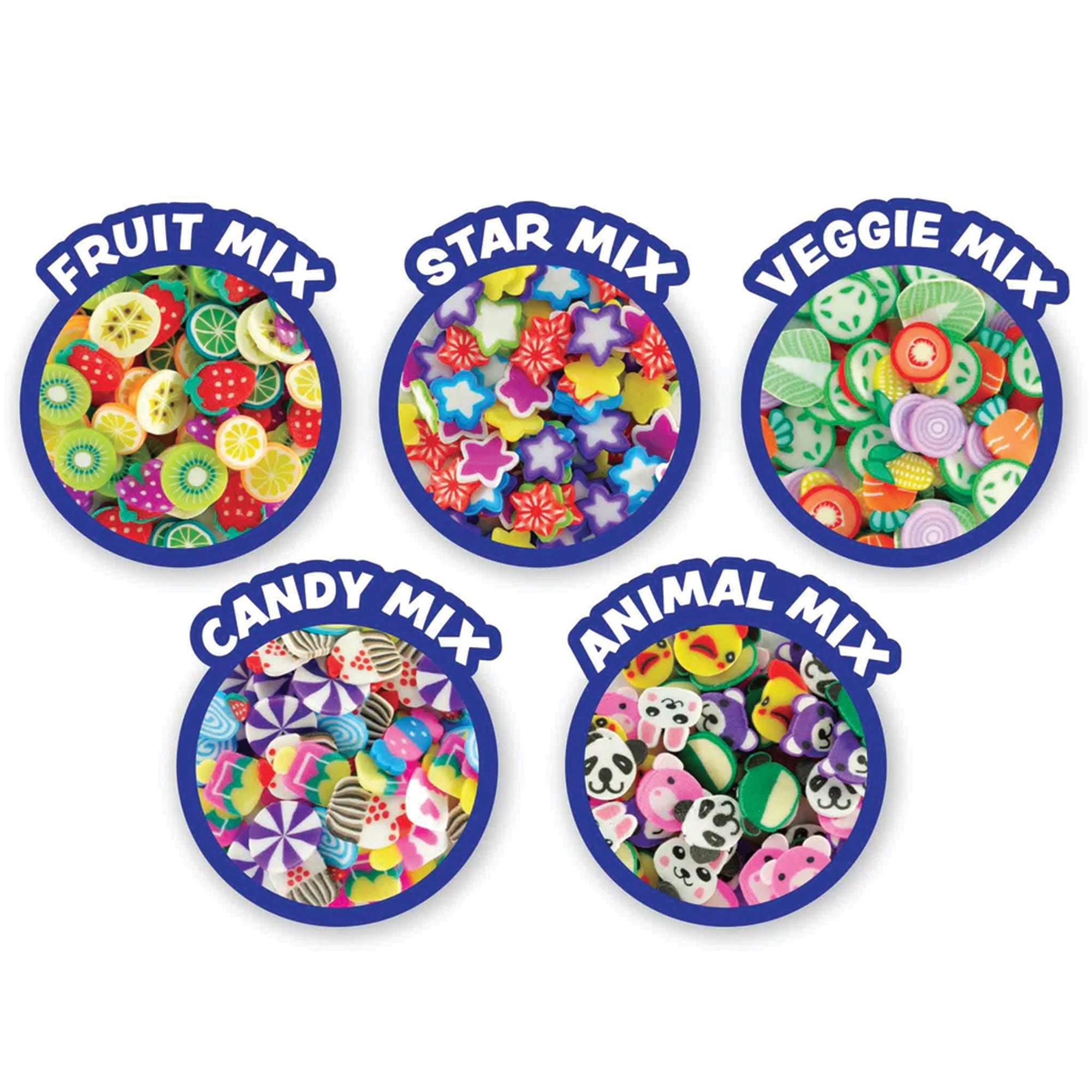 Mixed By Me Hide Inside Thinking Putty pieces to mix into the putty. There are 5 circles showing different mixes, 3 on top & 2 on bottom. The 5 mix piece sets include, the Fruit Mix, the Star Mix, the Veggie Mix, the Candy Mix, and the Animal Mix.