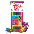 The Wikki Stix Neon Set. The packaging shows 48 wax sticks all stick together inside the package. On the package are several completed projects using the sticks, including; a cowboy, butterfly, mouse with cheese, card, and paper bag with a Wikki Stick designed face. In front of the package are several Wikki Stix spread out to show the many colors. To the right is a purple mouse holding a large chunk of cheese and wearing a green bowtie. All Created by Wikki Stix.