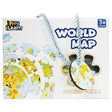 Wooden World Map Puzzle box showing an image of the puzzle in the bottom-left of the box. There is a silk rope handle with a sample puzzle piece attached hanging over the front of the box. The sample piece covers a puzzle piece shaped window that allows you to see pieces of the puzzle inside.