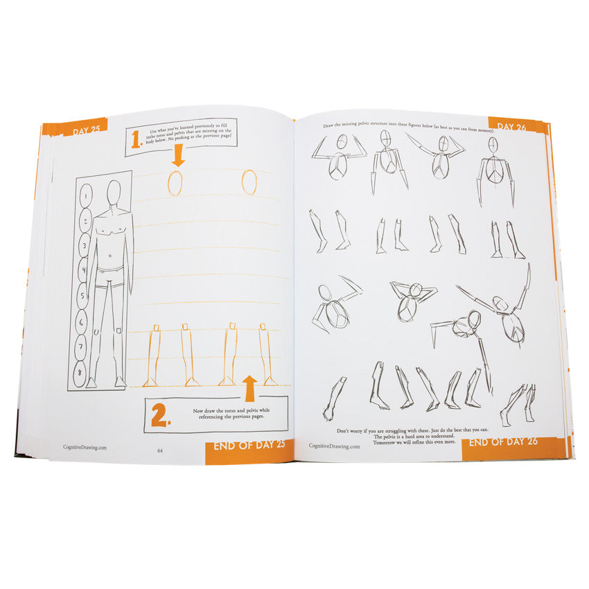 Cognitive Drawing book open to show inside pages. The left page shows an outline of a male body. There are 2 spots to the right, partially drawn, that allow you to finish drawing the body. The right page shows an upper half of a body and legs in many positions of movement.