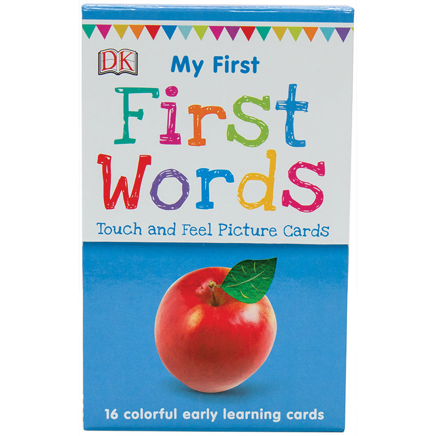 My First Touch and Feel Cards: First Words packaging cover. The background is blue with a white band and colored flag banner over the top with the title written in different colored letters. The letters look like a child's writing and scribbling. In the blue portion below is a red apple and white text below that reads "16 colorful early learning cards."