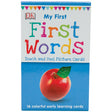 My First Touch and Feel Cards: First Words packaging cover. The background is blue with a white band and colored flag banner over the top with the title written in different colored letters. The letters look like a child's writing and scribbling. In the blue portion below is a red apple and white text below that reads "16 colorful early learning cards."